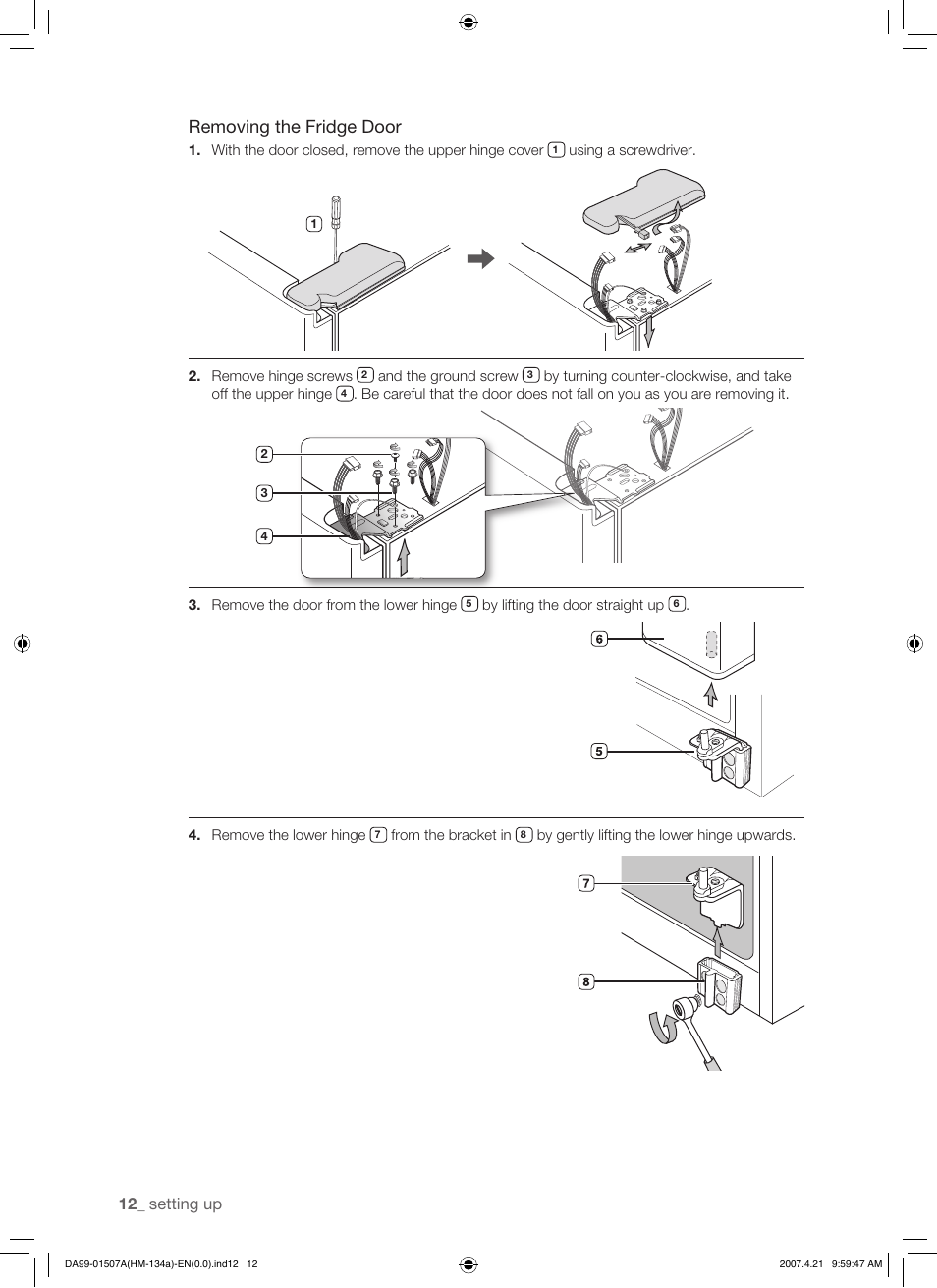 Removing the fridge door | Samsung SRS610HDSS User Manual | Page 12 / 44