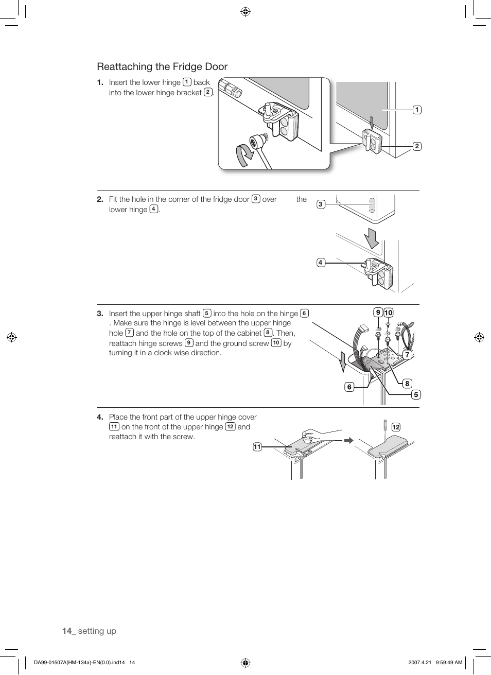 Reattaching the fridge door | Samsung SRS610HDSS User Manual | Page 14 / 44