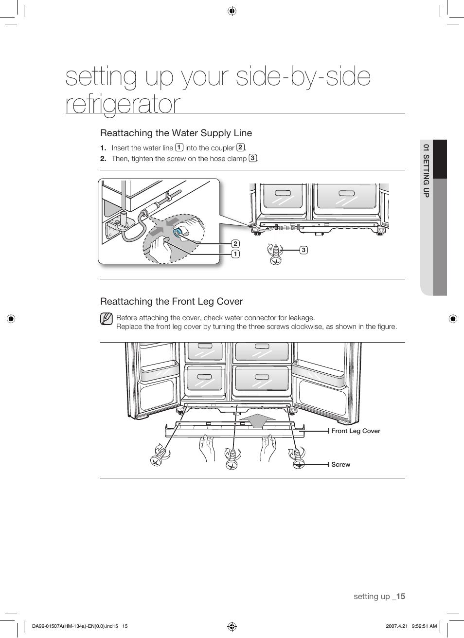 Setting up your side-by-side refrigerator | Samsung SRS610HDSS User Manual | Page 15 / 44