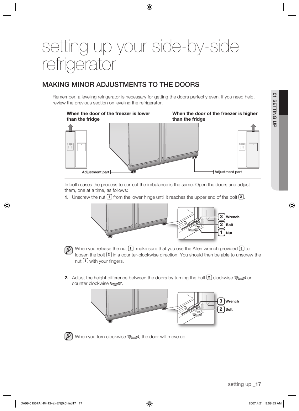 Making minor adjustments to the doors, Setting up your side-by-side refrigerator | Samsung SRS610HDSS User Manual | Page 17 / 44