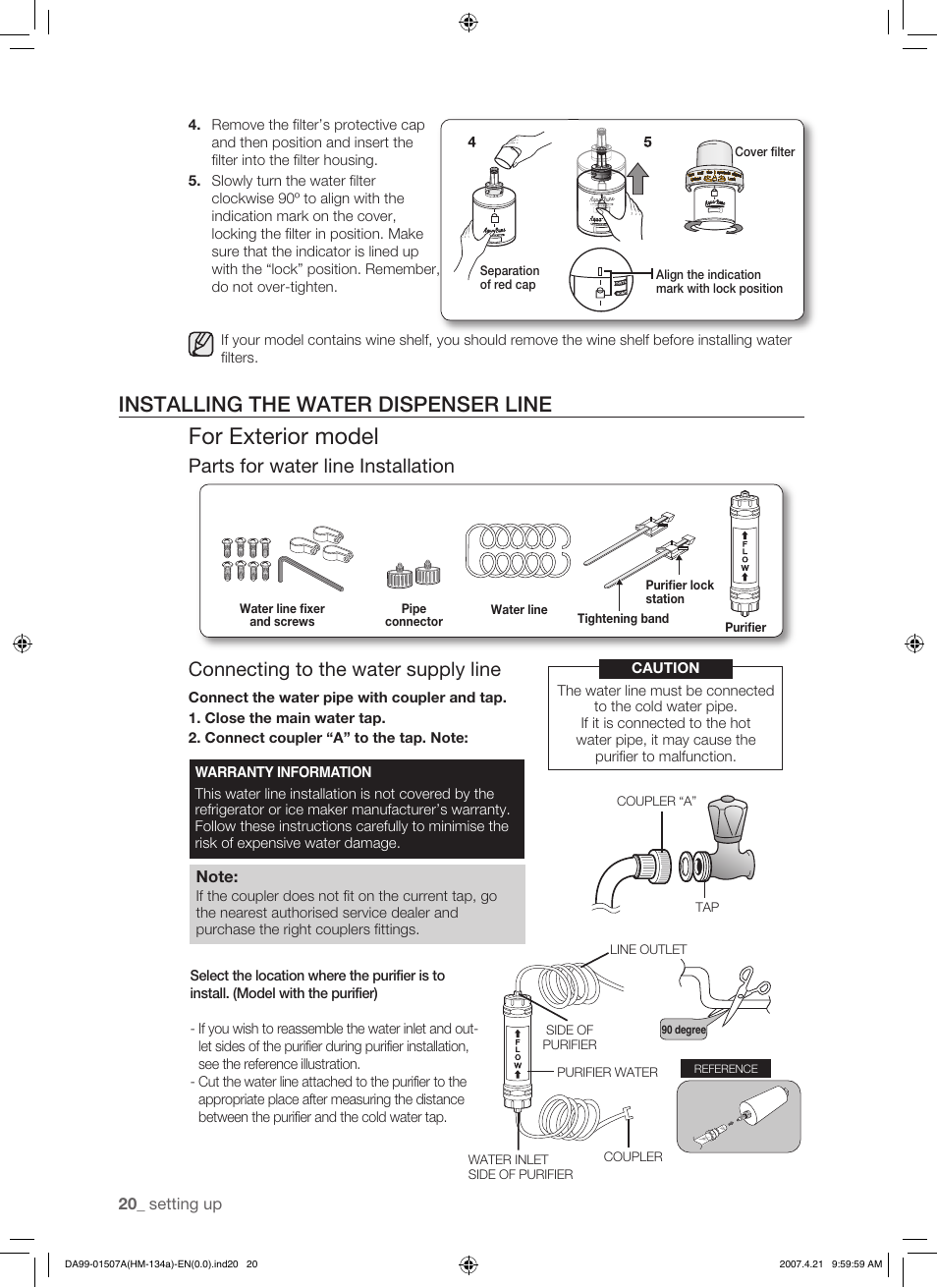 For exterior model, Installing the water dispenser line | Samsung SRS610HDSS User Manual | Page 20 / 44