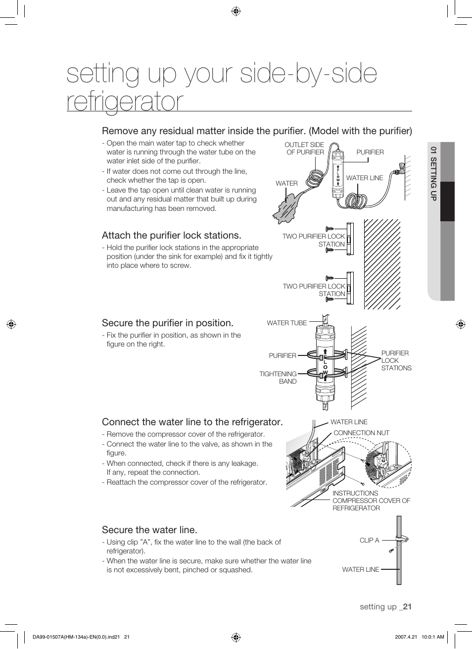 Setting up your side-by-side refrigerator, Attach the purifier lock stations, Secure the purifier in position | Connect the water line to the refrigerator, Secure the water line | Samsung SRS610HDSS User Manual | Page 21 / 44