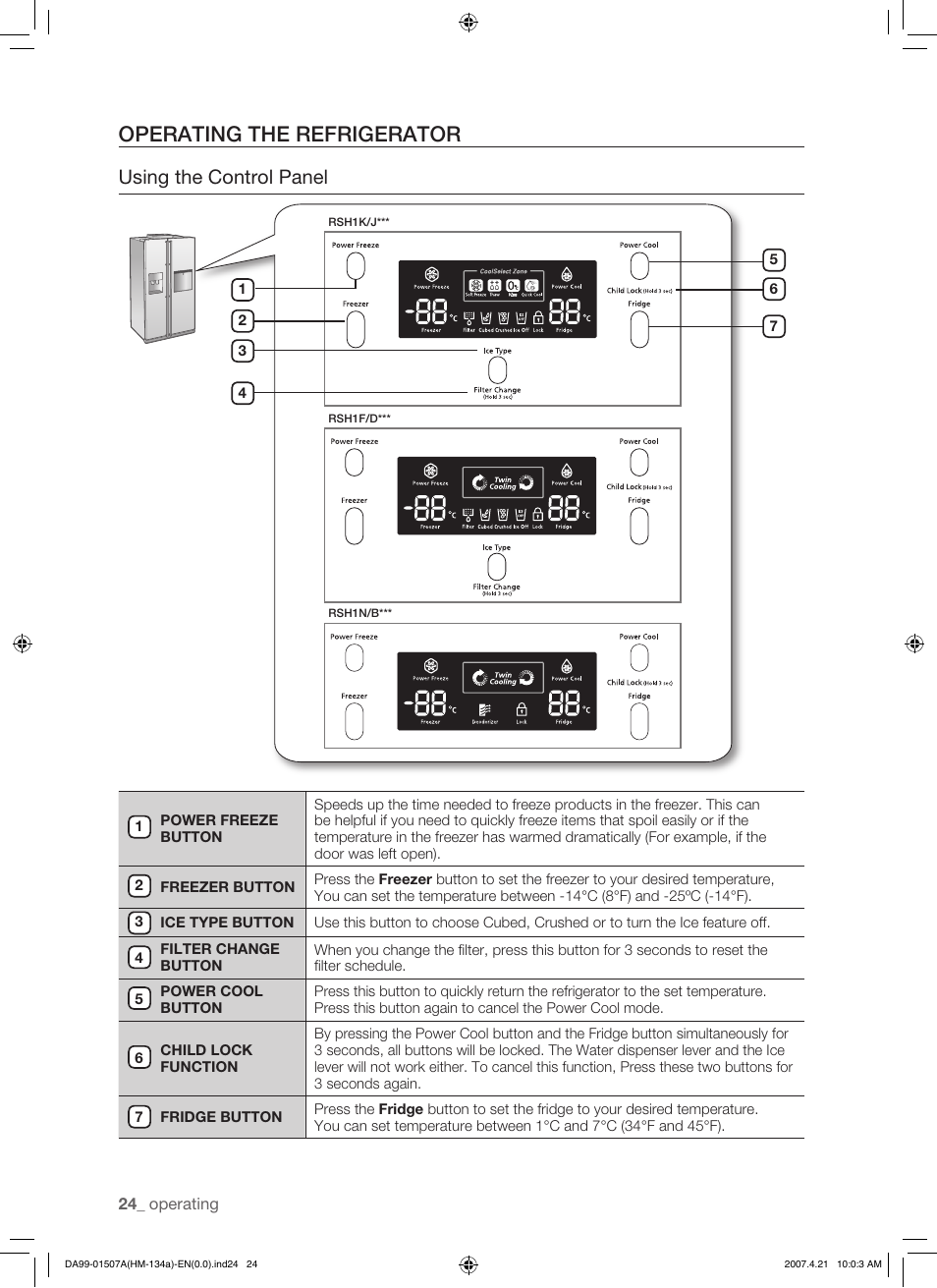 Operating the refrigerator, Using the control panel | Samsung SRS610HDSS User Manual | Page 24 / 44