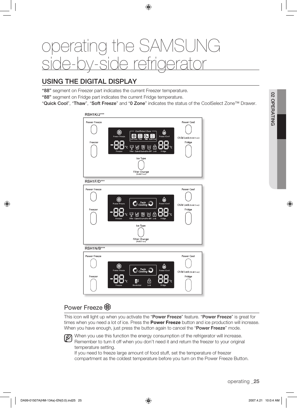 Using the digital display, Operating the samsung side-by-side refrigerator | Samsung SRS610HDSS User Manual | Page 25 / 44