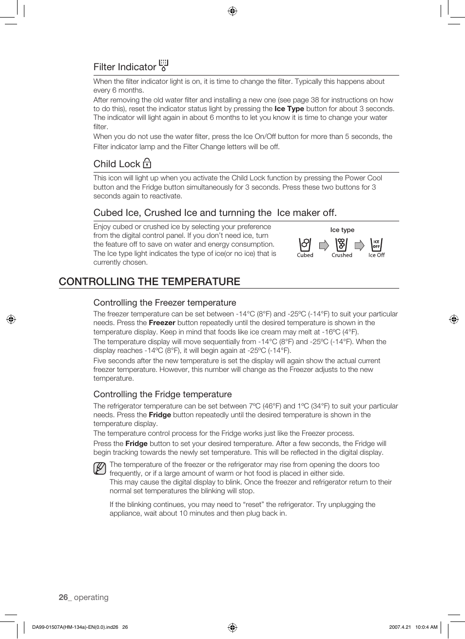 Controlling the temperature, Filter indicator, Child lock | Samsung SRS610HDSS User Manual | Page 26 / 44