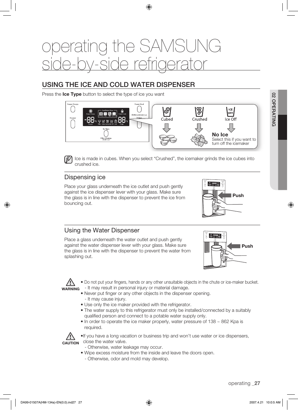 Using the ice and cold water dispenser, Operating the samsung side-by-side refrigerator | Samsung SRS610HDSS User Manual | Page 27 / 44