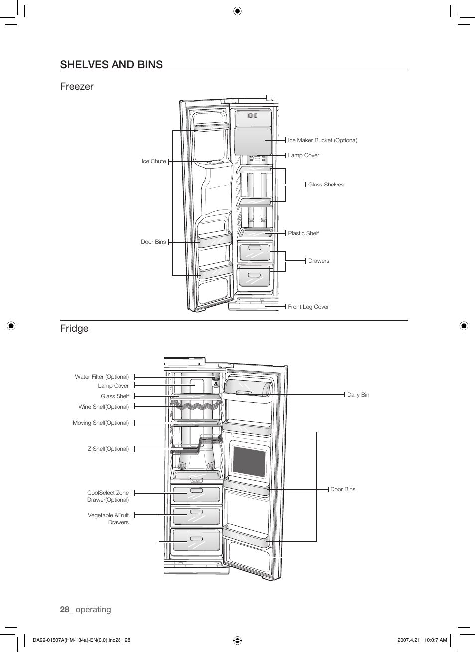 Shelves and bins, Freezer fridge, Operating | Samsung SRS610HDSS User Manual | Page 28 / 44