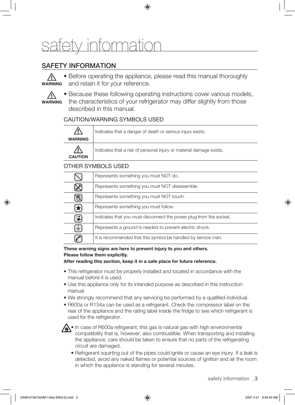 Safety information | Samsung SRS610HDSS User Manual | Page 3 / 44