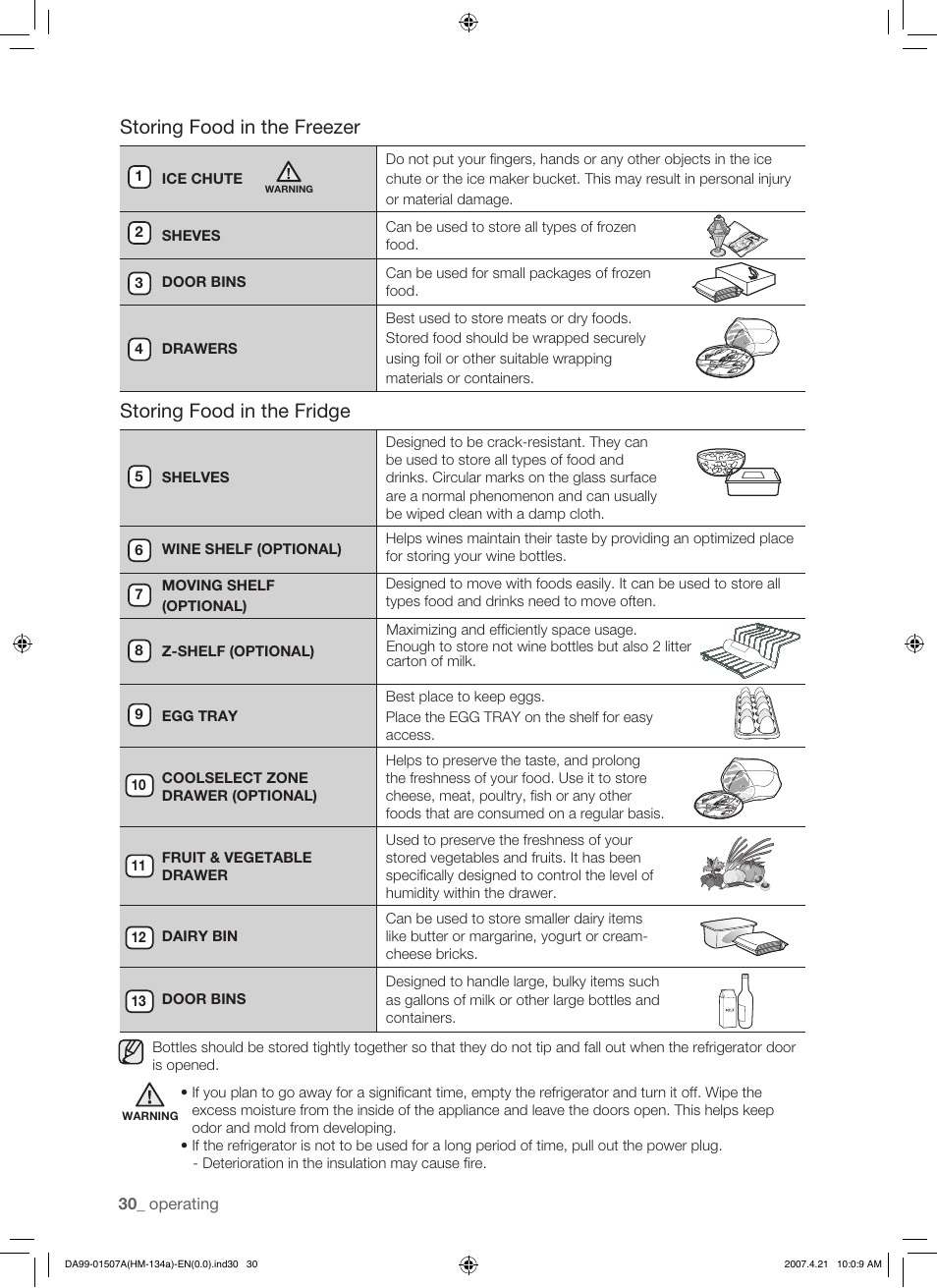Storing food in the freezer, Storing food in the fridge | Samsung SRS610HDSS User Manual | Page 30 / 44