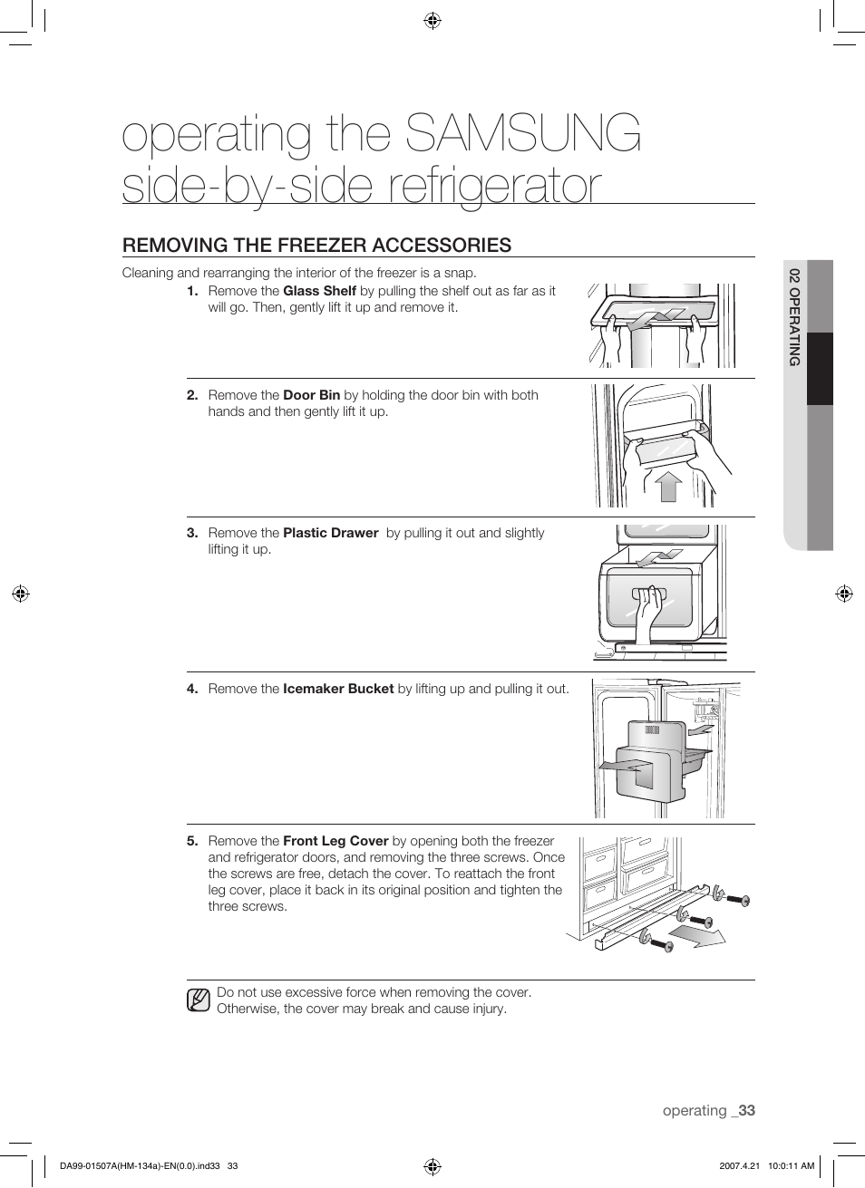 Removing the freezer accessories, Operating the samsung side-by-side refrigerator | Samsung SRS610HDSS User Manual | Page 33 / 44