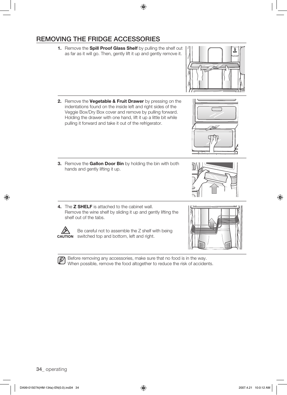 Removing the fridges accessories, Removing the fridge accessories | Samsung SRS610HDSS User Manual | Page 34 / 44