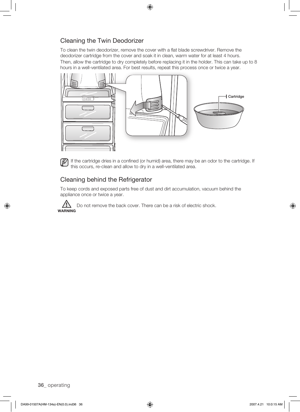 Cleaning the twin deodorizer, Cleaning behind the refrigerator | Samsung SRS610HDSS User Manual | Page 36 / 44