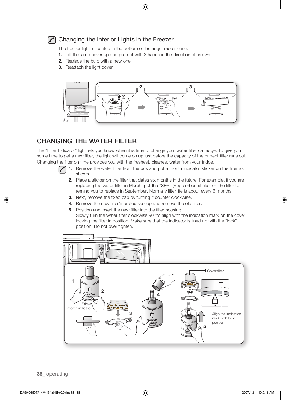 Changing the water filter, Changing the interior lights in the freezer | Samsung SRS610HDSS User Manual | Page 38 / 44