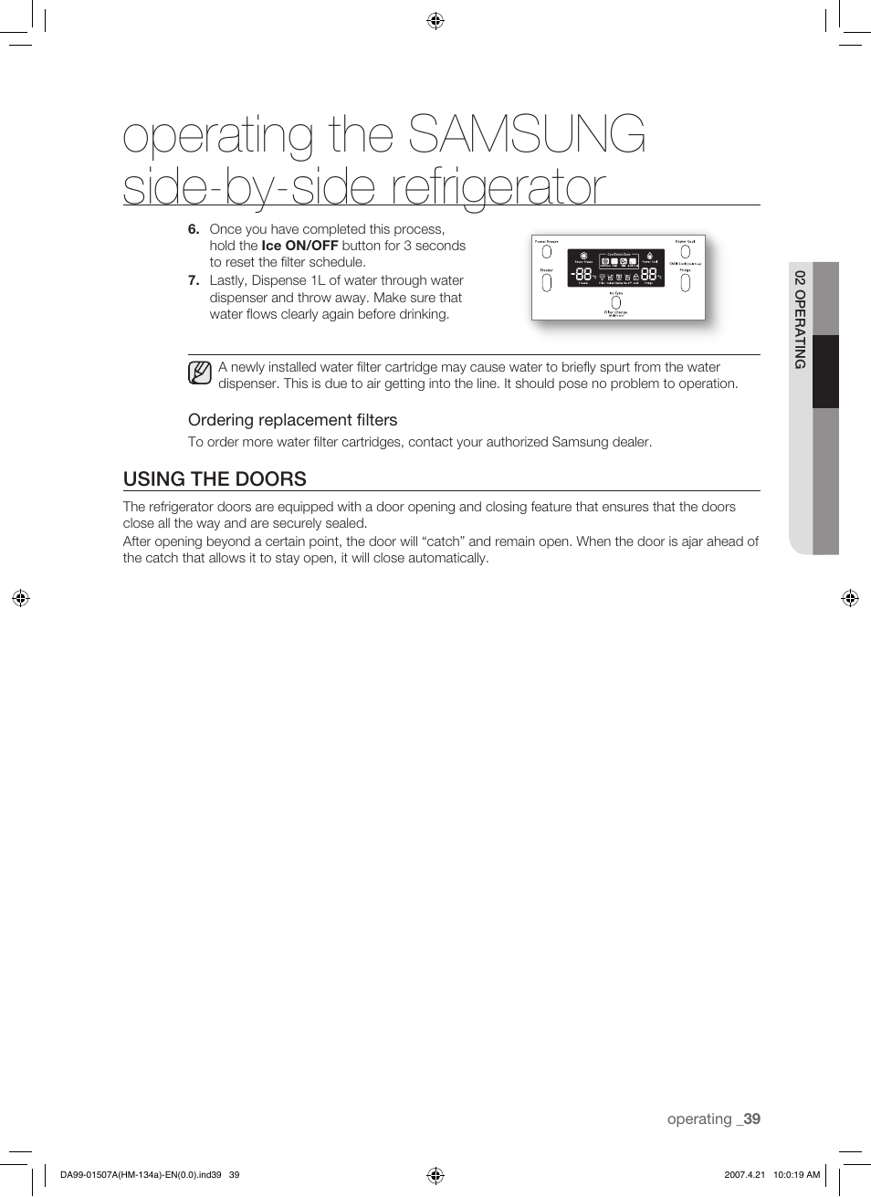 Using the doors, Operating the samsung side-by-side refrigerator | Samsung SRS610HDSS User Manual | Page 39 / 44