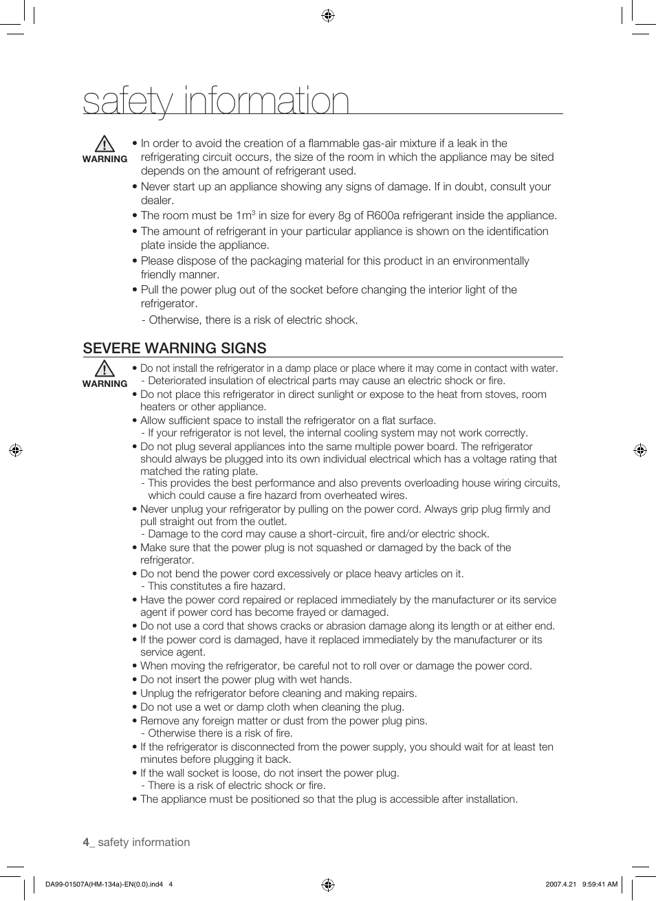 Safety information, Severe warning signs | Samsung SRS610HDSS User Manual | Page 4 / 44