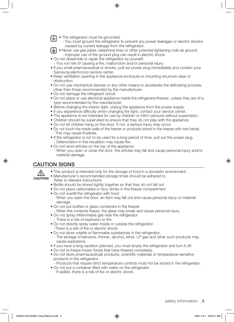 Caution signs | Samsung SRS610HDSS User Manual | Page 5 / 44