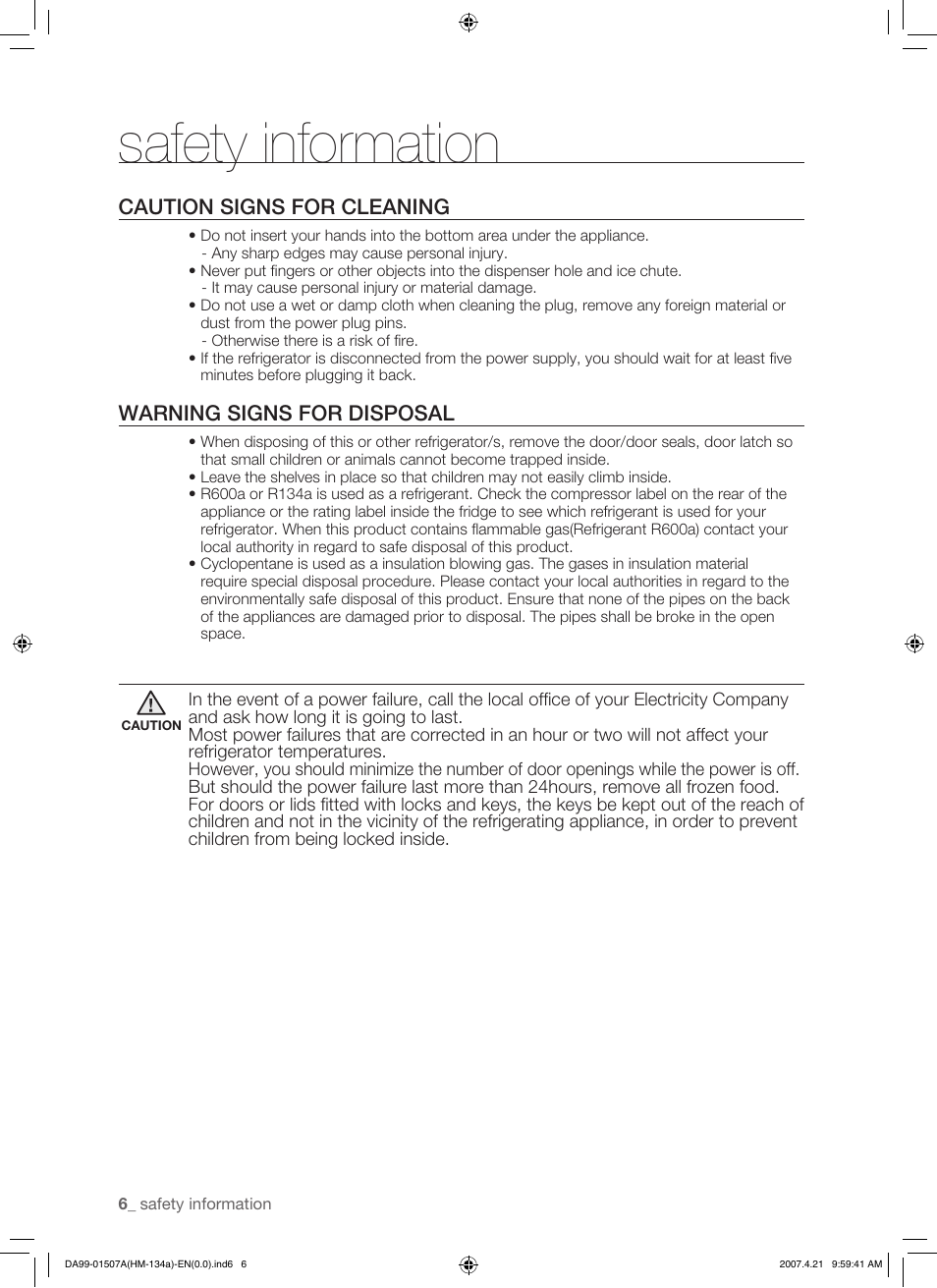 Safety information, Caution signs for cleaning, Warning signs for disposal | Samsung SRS610HDSS User Manual | Page 6 / 44