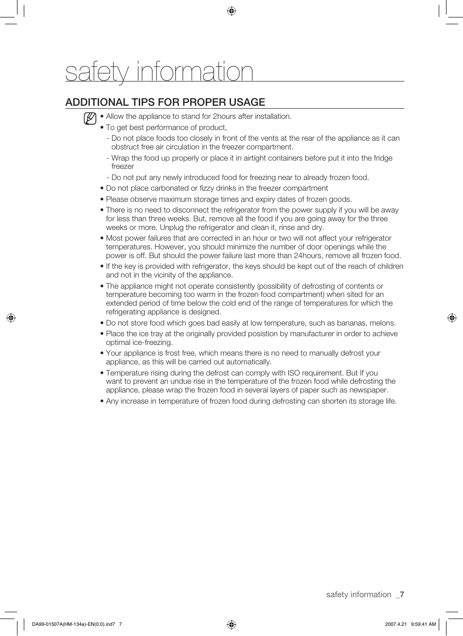 Safety information, Additional tips for proper usage | Samsung SRS610HDSS User Manual | Page 7 / 44