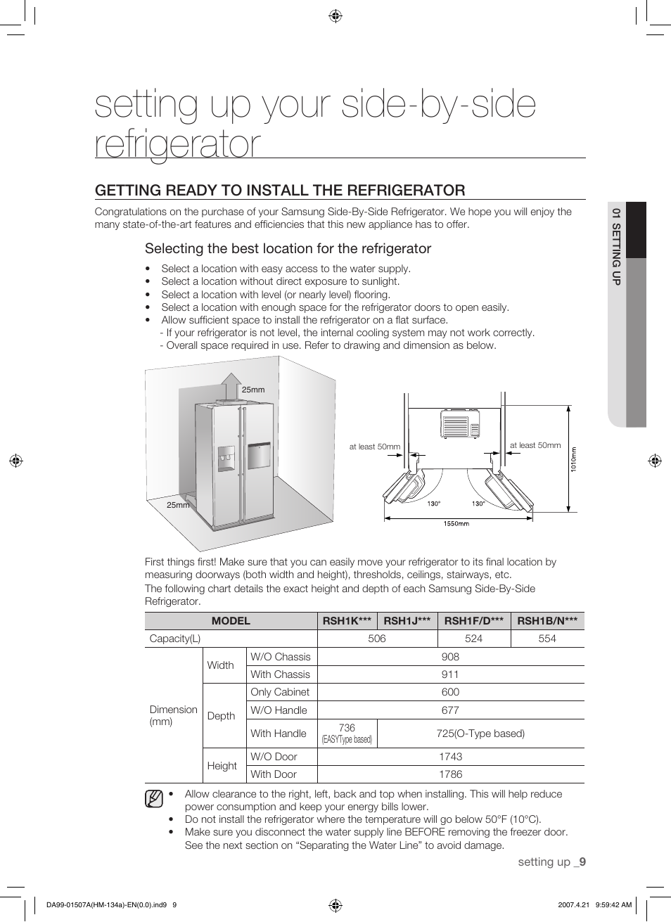 Setting up your side-by-side refrigerator, Getting ready to install the refrigerator, Selecting the best location for the refrigerator | Samsung SRS610HDSS User Manual | Page 9 / 44