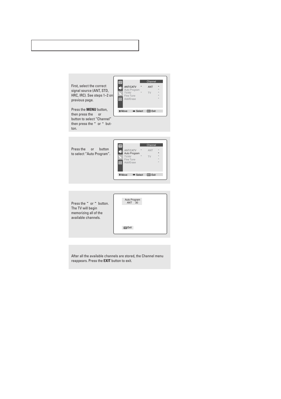 Storing channels in memory (automatic method), P e r at i o n | Samsung CL17M2MQ User Manual | Page 20 / 40