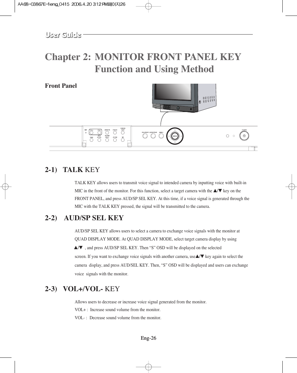 1) talk key, 2) aud/sp sel key, 3) vol+/vol- key | Samsung SMO-XAAV User Manual | Page 26 / 105