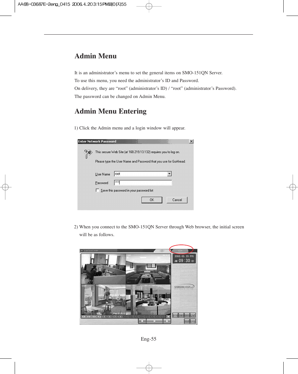 Admin menu, Admin menu entering | Samsung SMO-XAAV User Manual | Page 55 / 105