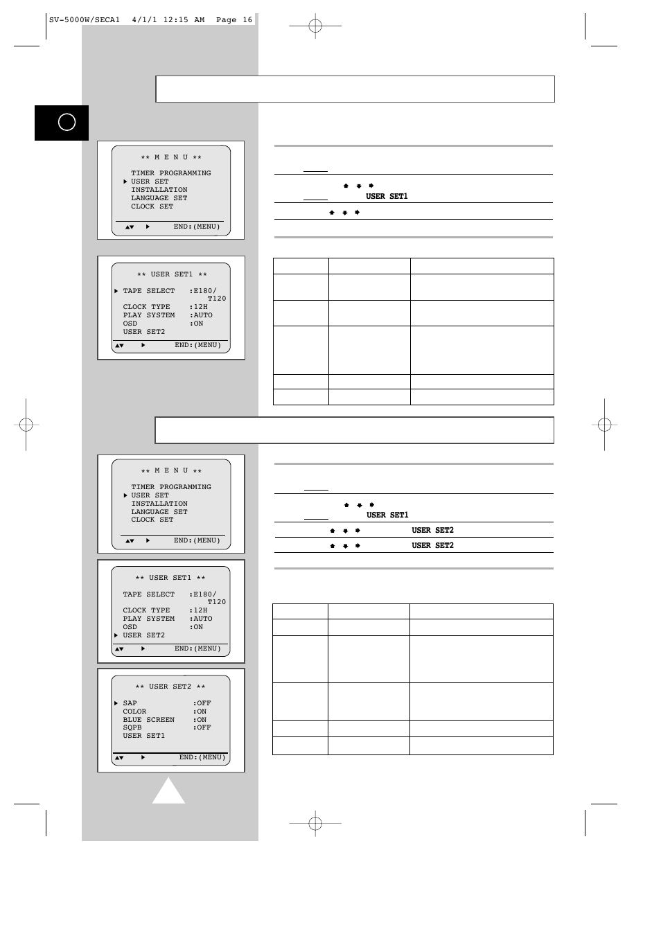 User set1 setting, User set2 setting | Samsung SV-5000 User Manual | Page 20 / 56