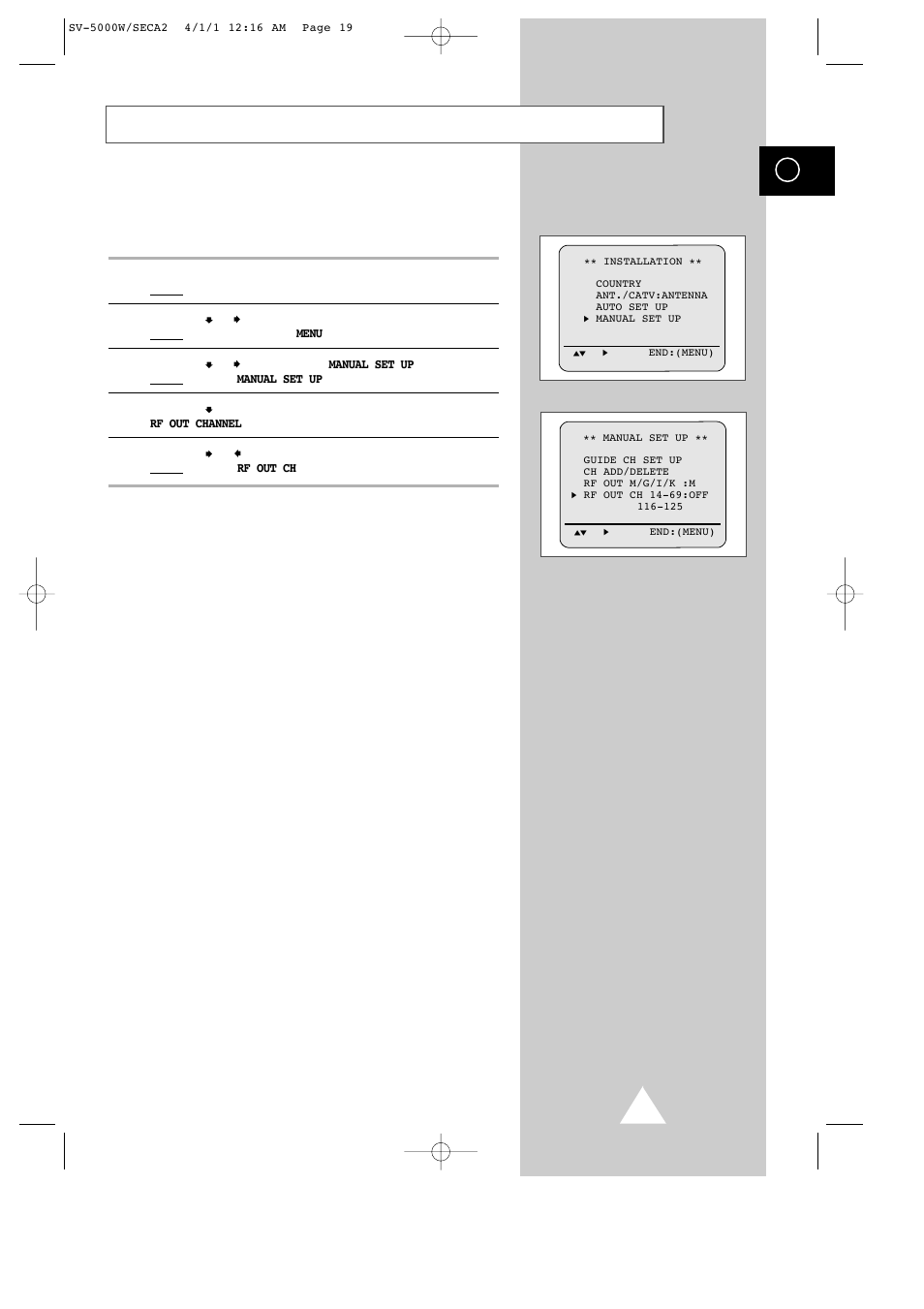 Setting the rf out channel | Samsung SV-5000 User Manual | Page 23 / 56