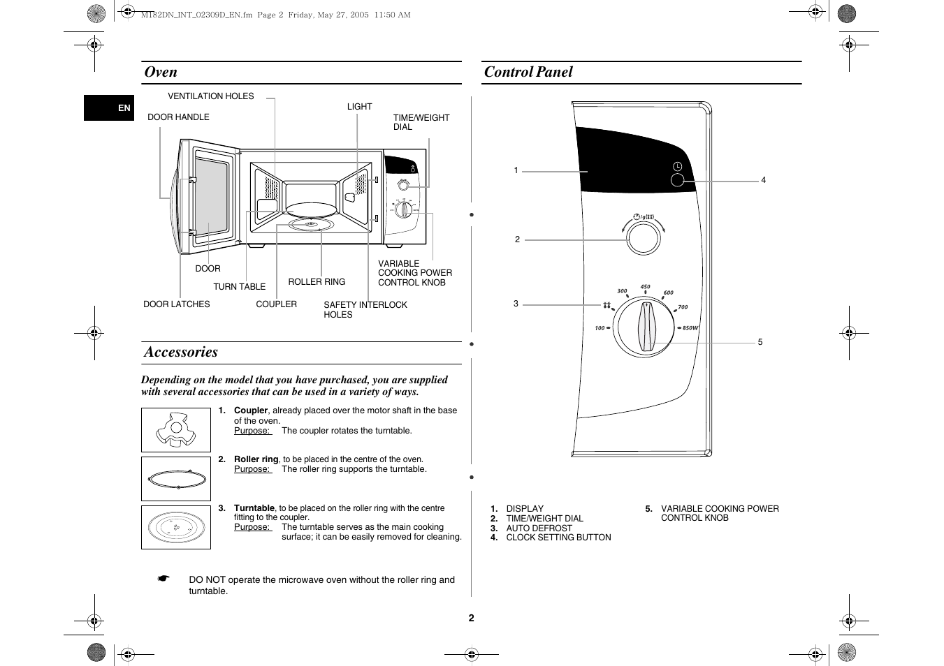 Oven, Accessories, Control panel | Oven accessories | Samsung MC182DN User Manual | Page 2 / 8