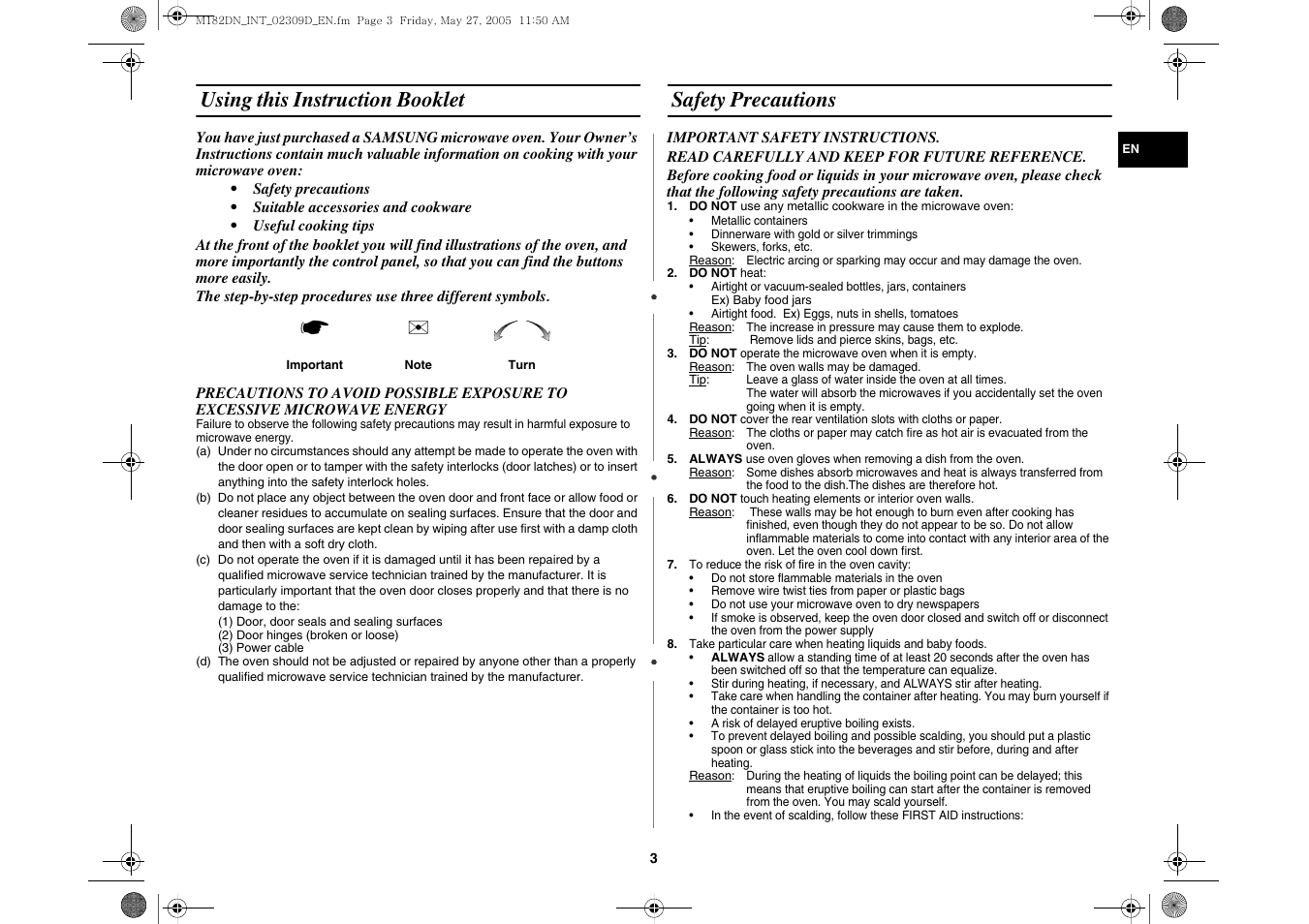 Using this instruction booklet, Safety precautions | Samsung MC182DN User Manual | Page 3 / 8