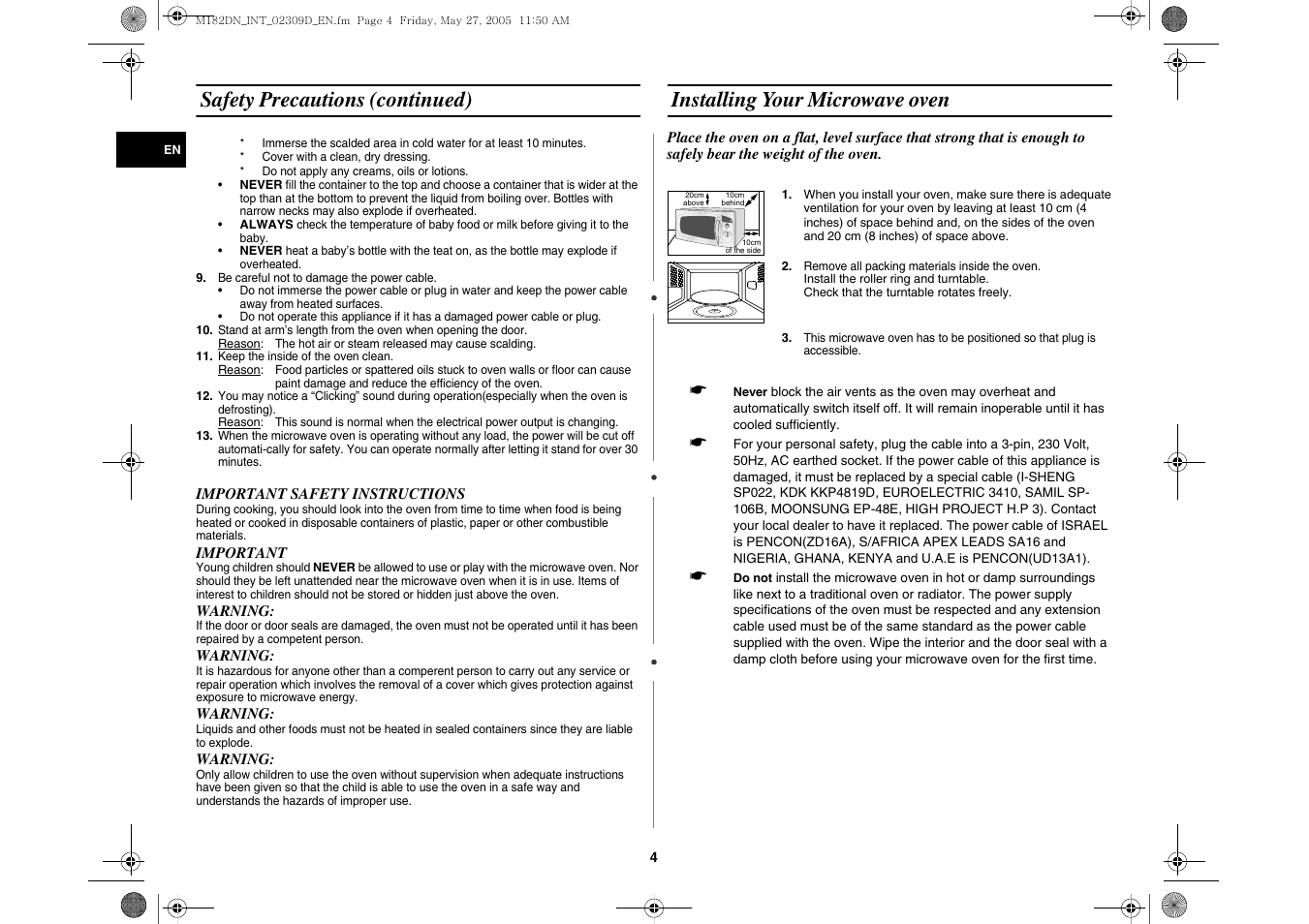 Installing your microwave oven, Safety precautions (continued) | Samsung MC182DN User Manual | Page 4 / 8