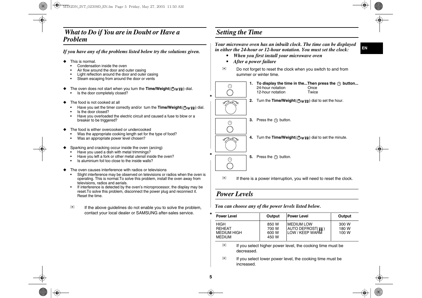 What to do if you are in doubt or have a problem, Setting the time, Power levels | Samsung MC182DN User Manual | Page 5 / 8