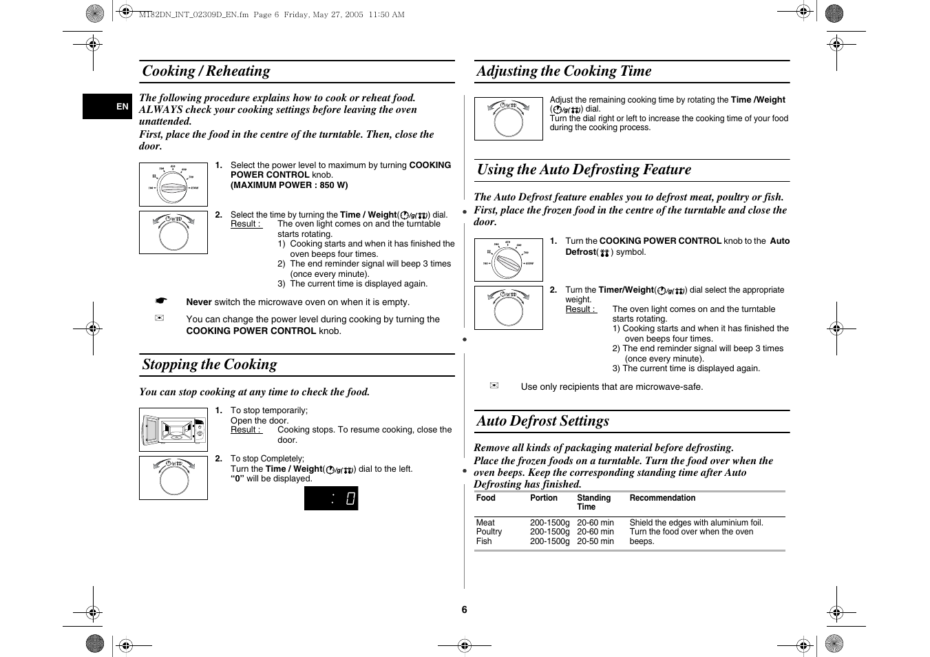 Cooking / reheating, Stopping the cooking, Adjusting the cooking time | Using the auto defrosting feature, Auto defrost settings | Samsung MC182DN User Manual | Page 6 / 8