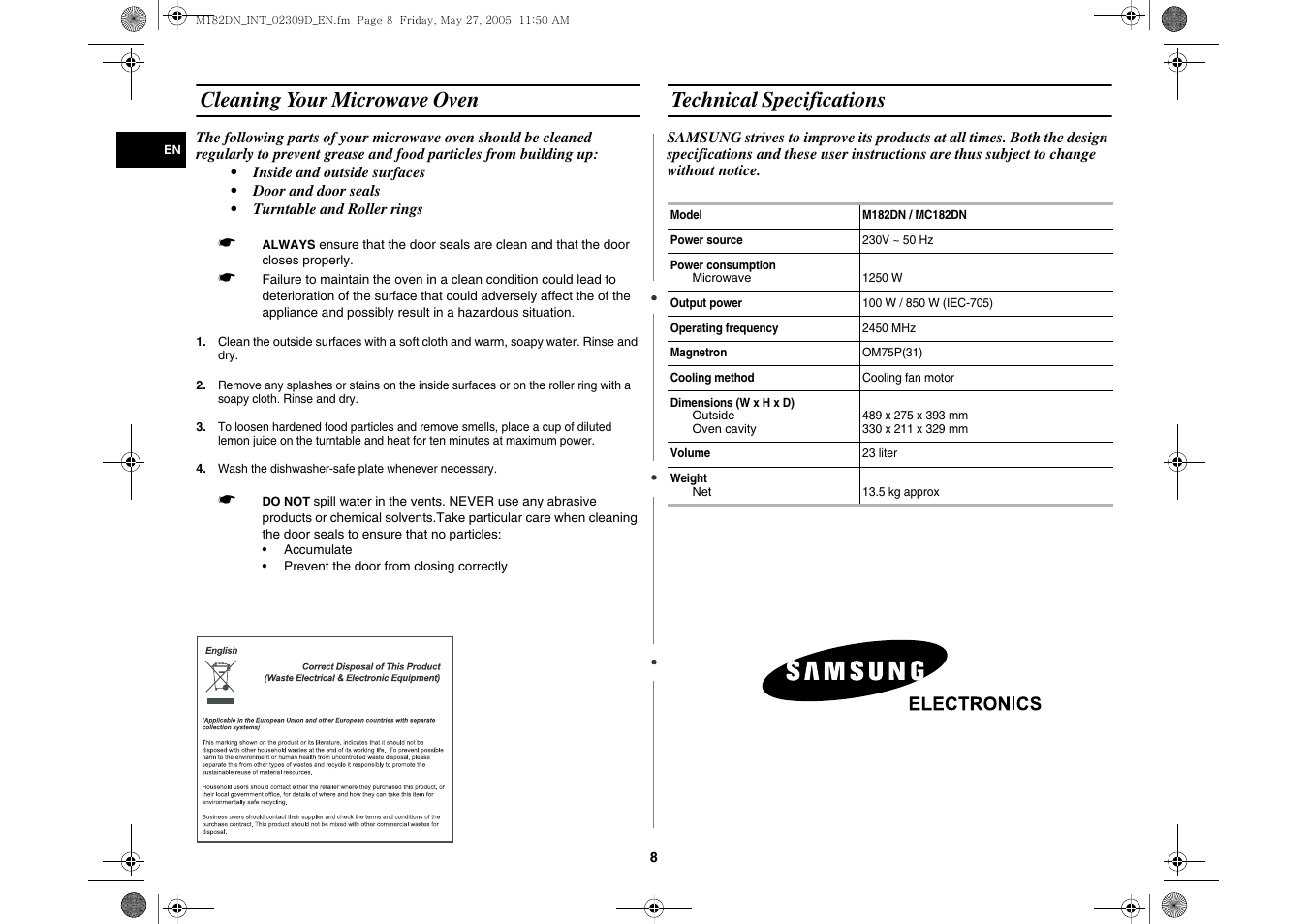 Cleaning your microwave oven, Technical specifications | Samsung MC182DN User Manual | Page 8 / 8