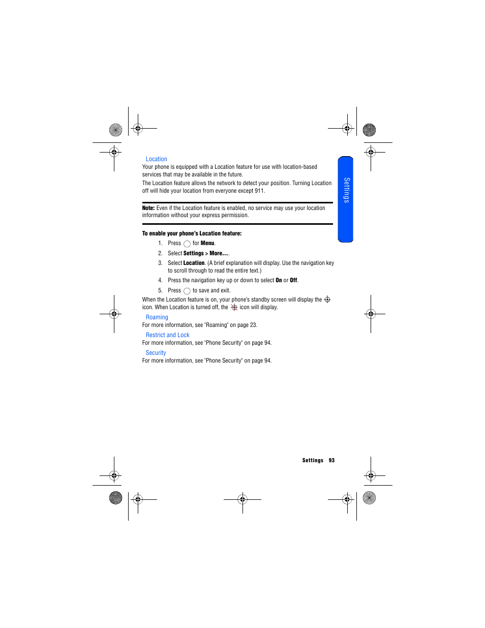 Location, Roaming, Restrict and lock | Security | Samsung 12172009 User Manual | Page 100 / 117