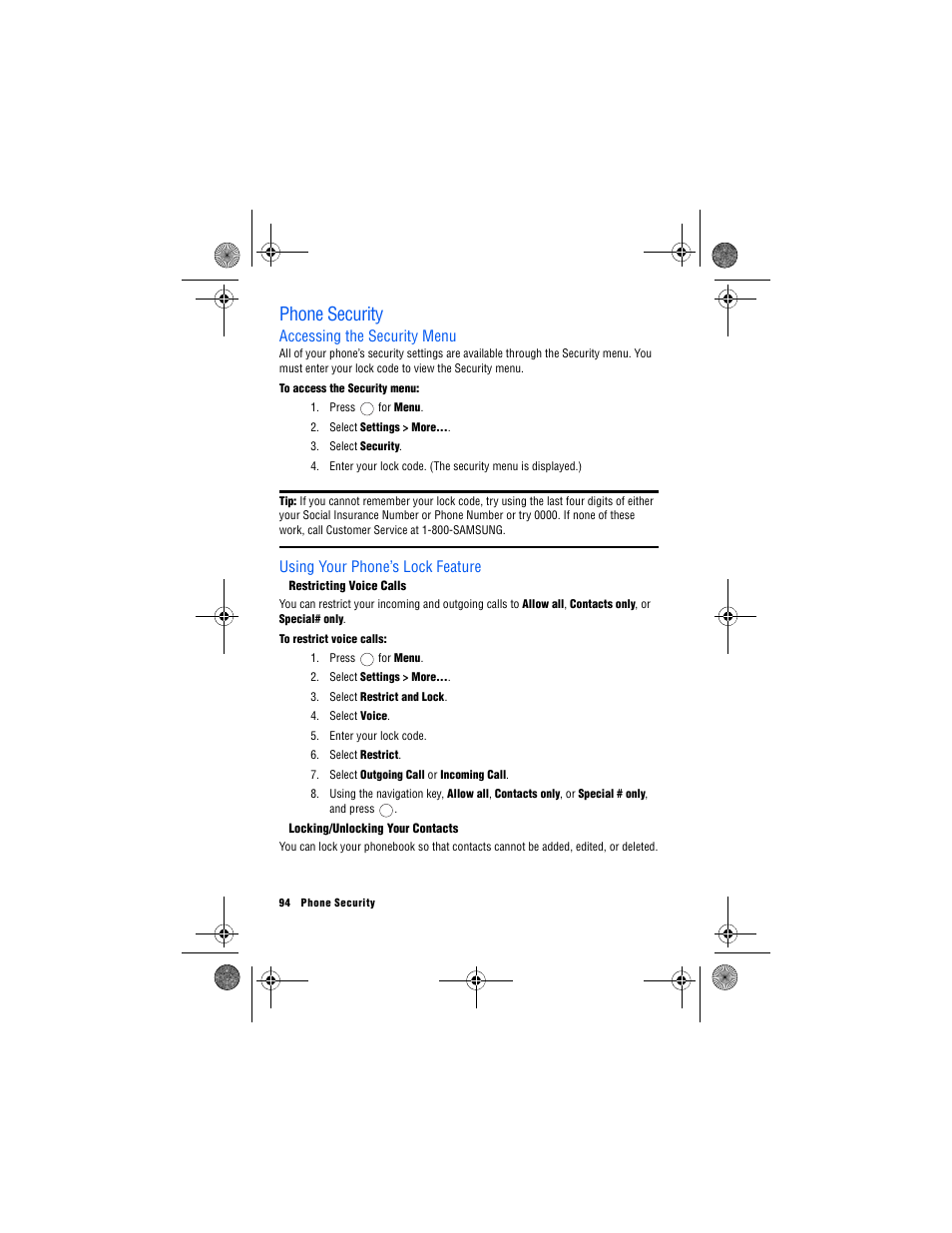 Phone security, Accessing the security menu, Using your phone’s lock feature | Restricting voice calls, Locking/unlocking your contacts | Samsung 12172009 User Manual | Page 101 / 117