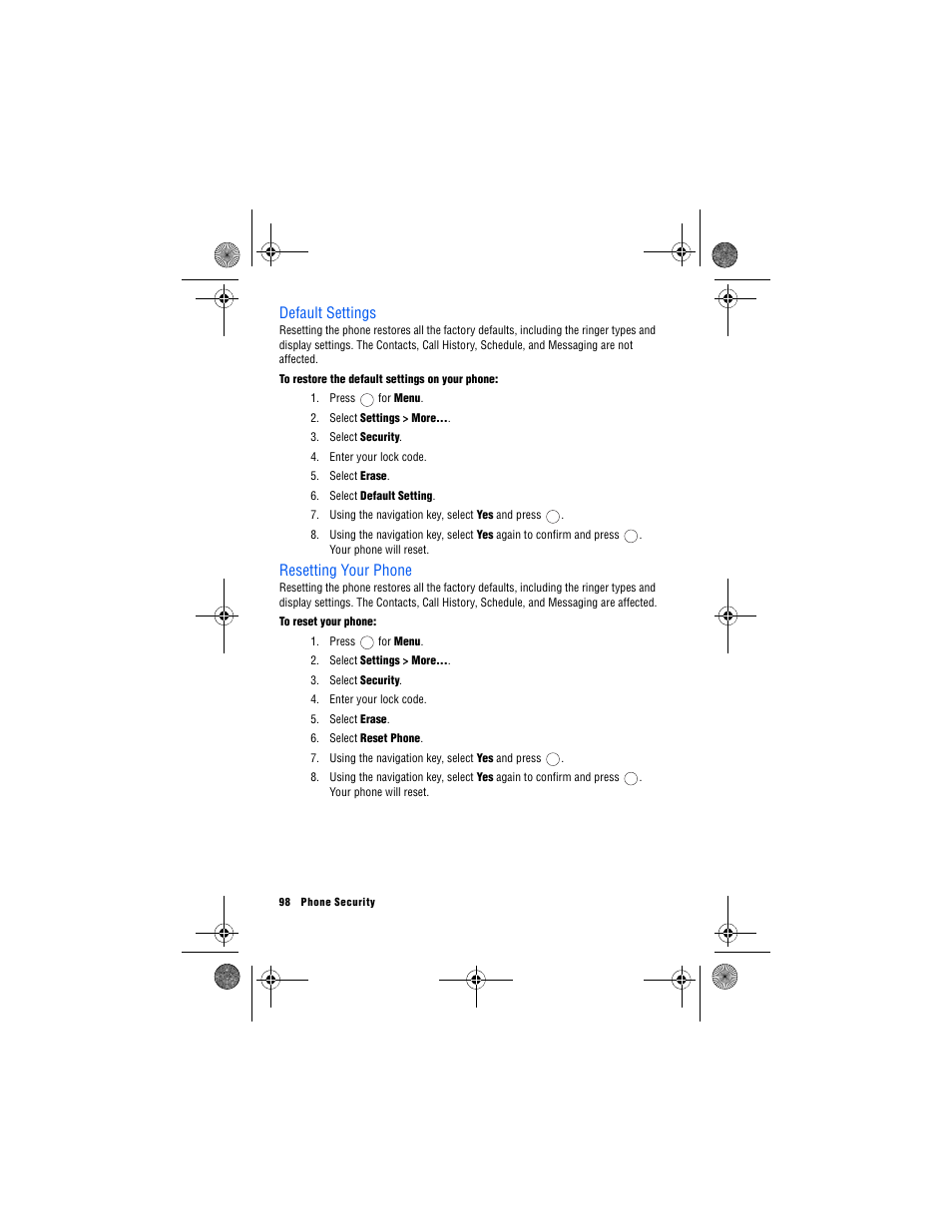 Default settings, Resetting your phone, Default settings resetting your phone | Samsung 12172009 User Manual | Page 105 / 117