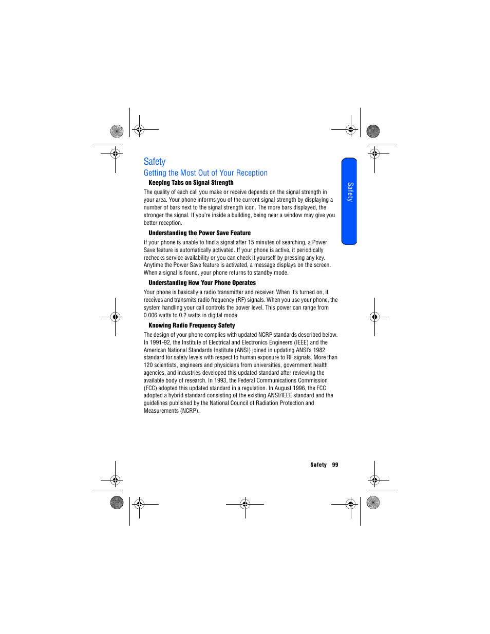 Safety, Getting the most out of your reception, Keeping tabs on signal strength | Understanding the power save feature, Understanding how your phone operates, Knowing radio frequency safety | Samsung 12172009 User Manual | Page 106 / 117