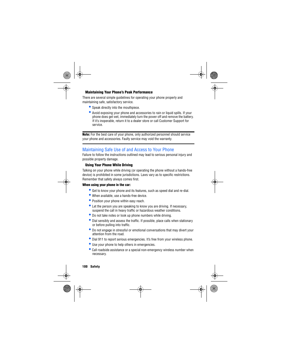 Maintaining your phone’s peak performance, Maintaining safe use of and access to your phone, Using your phone while driving | Samsung 12172009 User Manual | Page 107 / 117