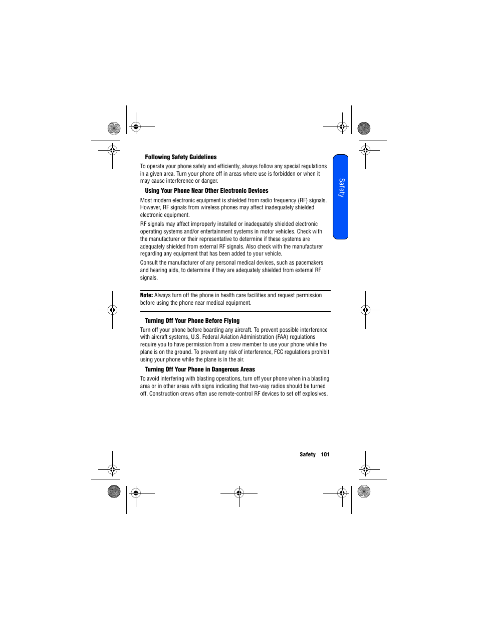 Following safety guidelines, Using your phone near other electronic devices, Turning off your phone before flying | Turning off your phone in dangerous areas | Samsung 12172009 User Manual | Page 108 / 117