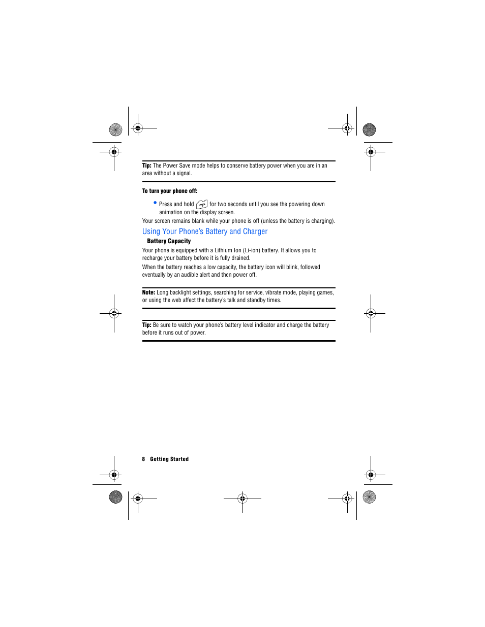 Using your phone’s battery and charger, Battery capacity | Samsung 12172009 User Manual | Page 15 / 117