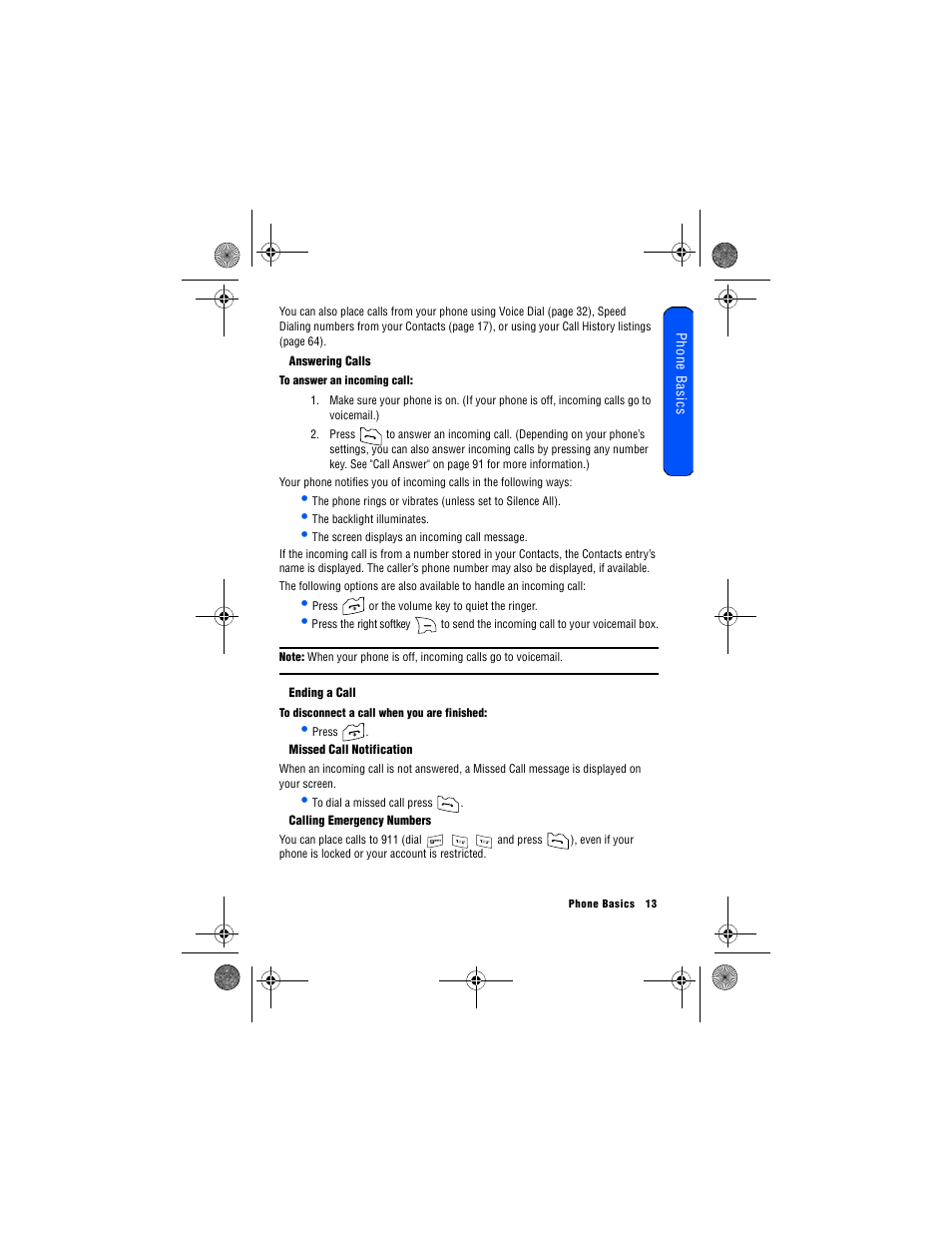 Answering calls, Ending a call, Missed call notification | Calling emergency numbers | Samsung 12172009 User Manual | Page 20 / 117