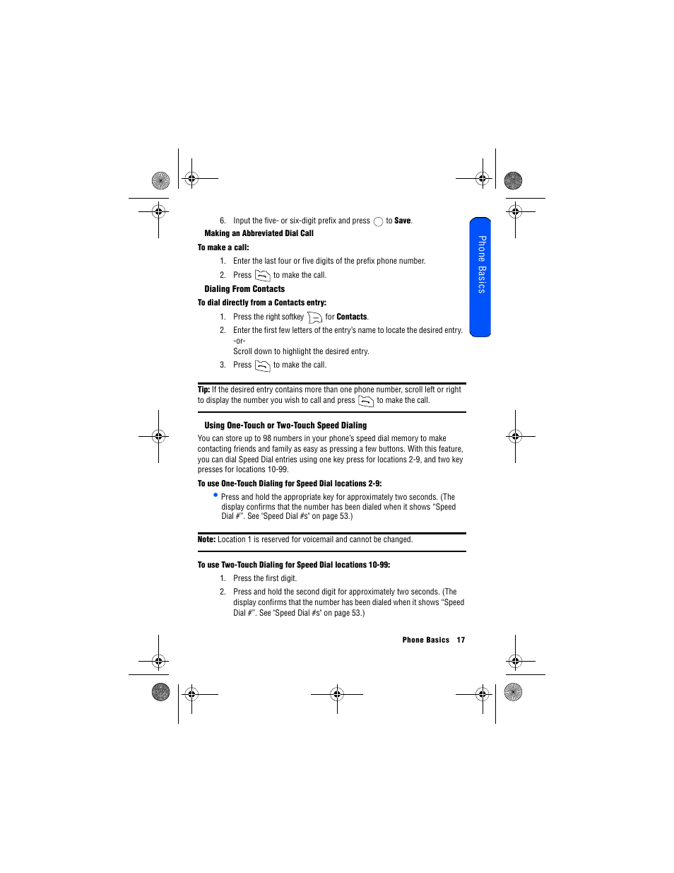 Making an abbreviated dial call, Dialing from contacts, Using one-touch or two-touch speed dialing | Samsung 12172009 User Manual | Page 24 / 117