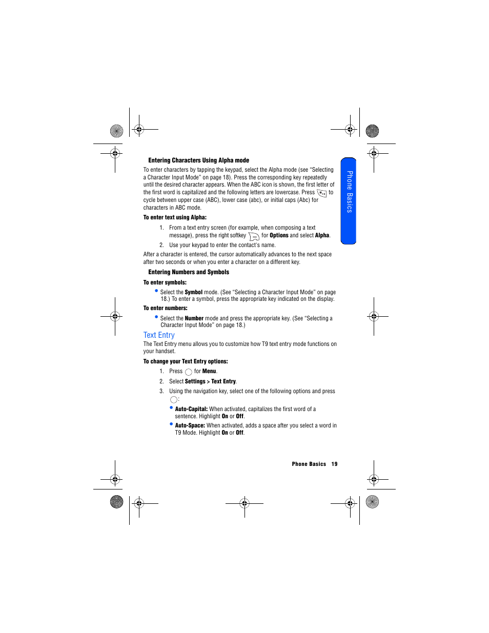 Entering characters using alpha mode, Entering numbers and symbols, Text entry | Samsung 12172009 User Manual | Page 26 / 117