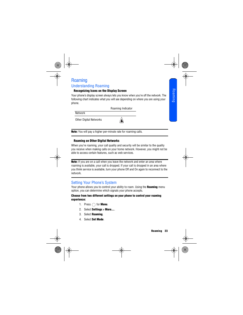 Roaming, Understanding roaming, Recognizing icons on the display screen | Roaming on other digital networks, Setting your phone’s system, Understanding roaming setting your phone’s system | Samsung 12172009 User Manual | Page 30 / 117