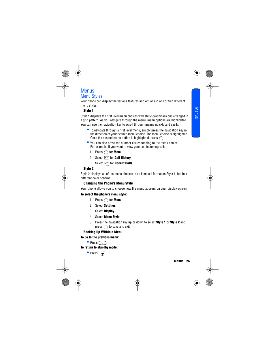 Menus, Menu styles, Style 1 | Style 2, Changing the phone’s menu style, Backing up within a menu | Samsung 12172009 User Manual | Page 32 / 117