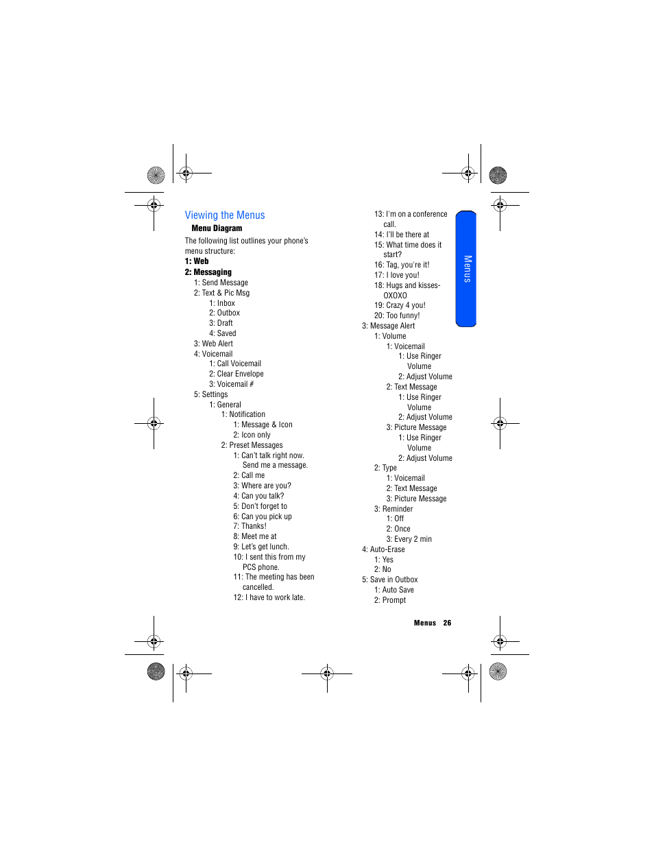 Viewing the menus, Menu diagram | Samsung 12172009 User Manual | Page 33 / 117