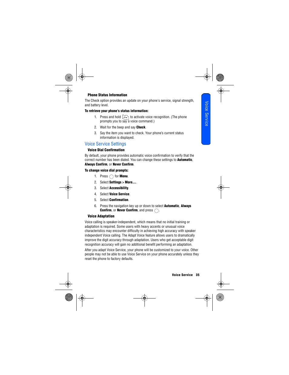 Phone status information, Voice service settings, Voice dial confirmation | Voice adaptation | Samsung 12172009 User Manual | Page 42 / 117