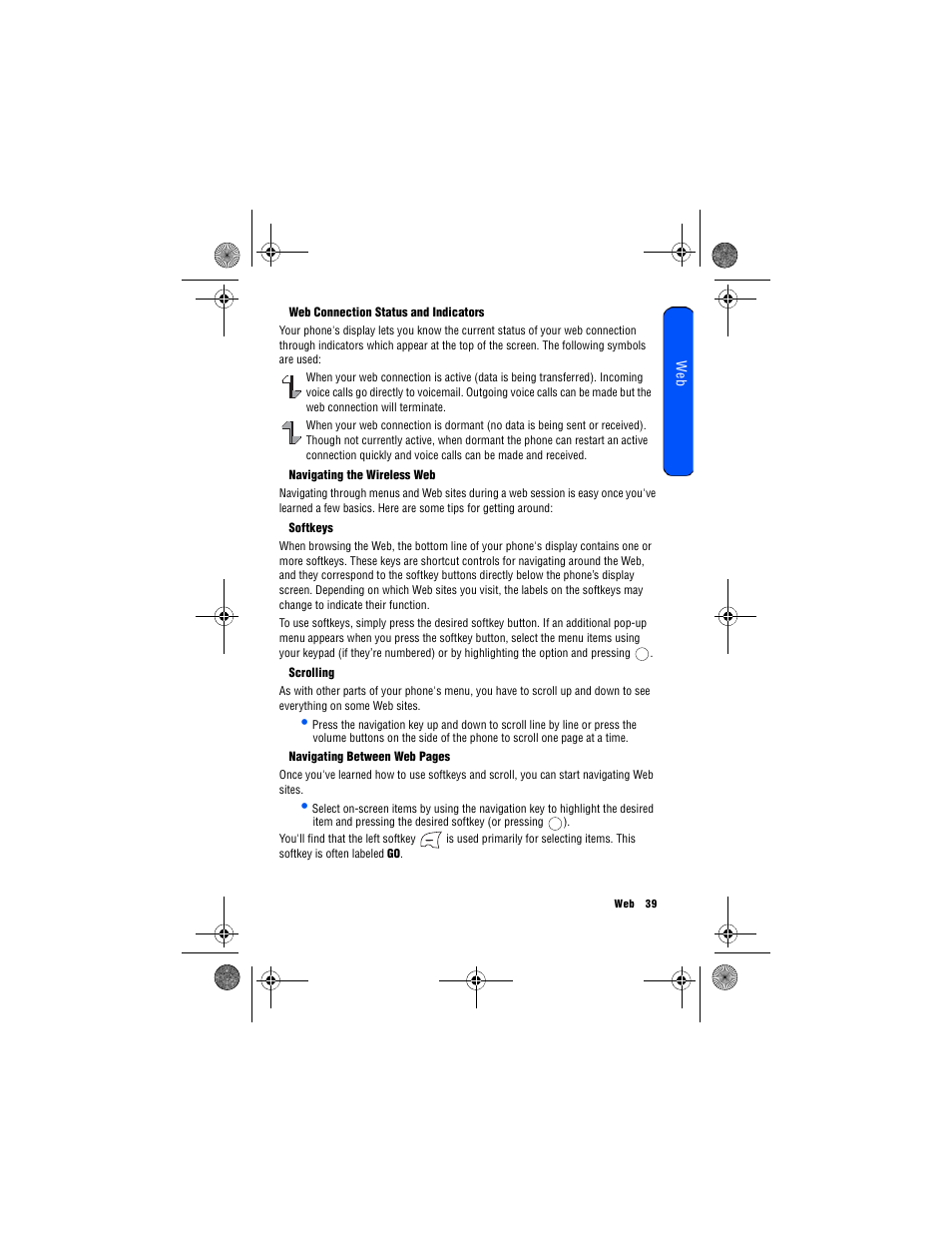 Web connection status and indicators, Navigating the wireless web, Softkeys | Scrolling | Samsung 12172009 User Manual | Page 46 / 117