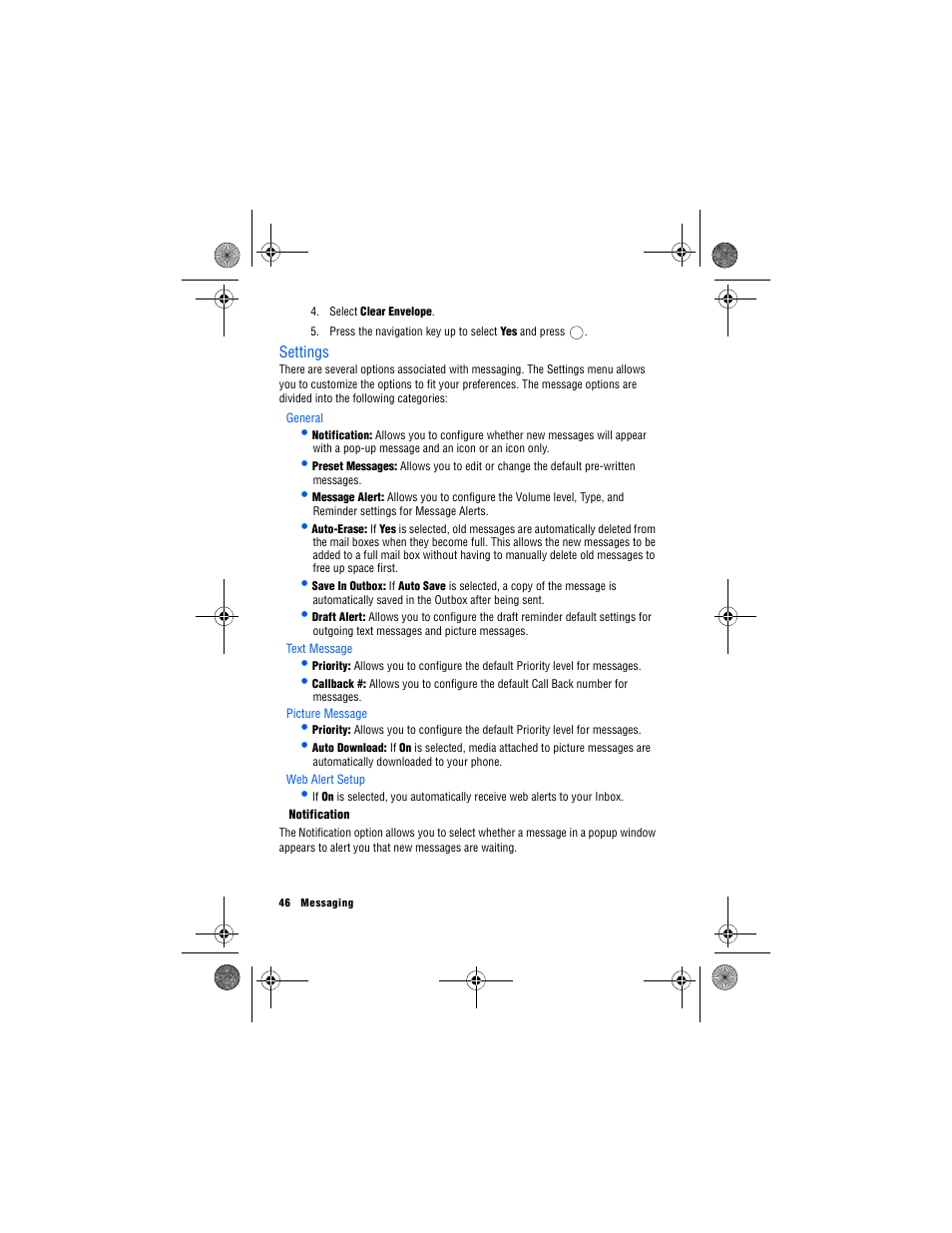 Settings, General, Text message | Picture message, Web alert setup, Notification | Samsung 12172009 User Manual | Page 53 / 117